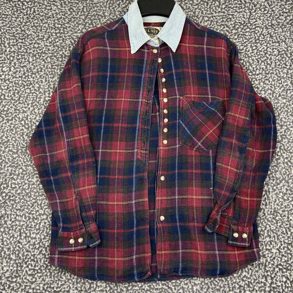 Vintage At Last Sportswear Co Plaid Flannel Shirt Denim Collar Red Blue Men‎ M
